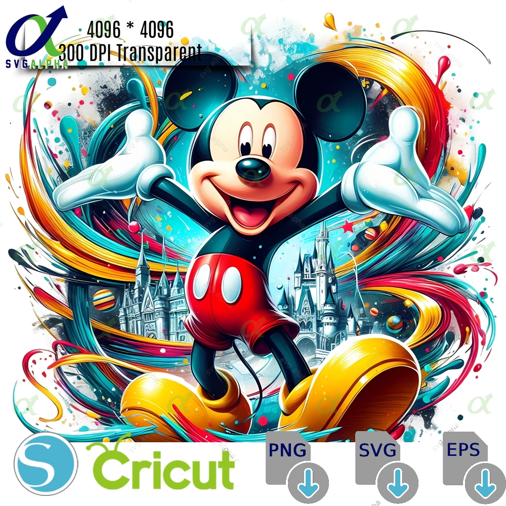 5 Mickey Mouse Splash and Watercolor PNG, Sublimation Cartoon Characters PNG, High Resolution Watercolor Design PNG, T-Shirt Design PNG